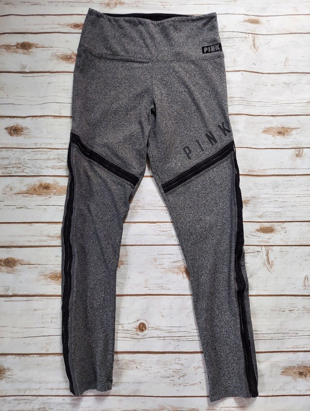 PINK Full Length Gray Leggings Black Mesh Trim Women's L - Picture 2 of 12